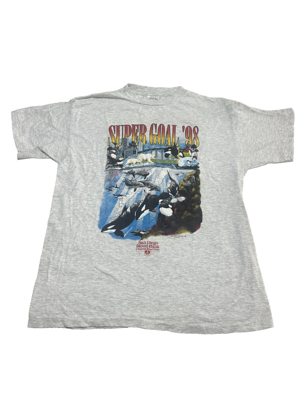 VTG San Diego Seaworld Super Goal Blood Bank XL T Shirt Gray Whale Dolphin Zoo